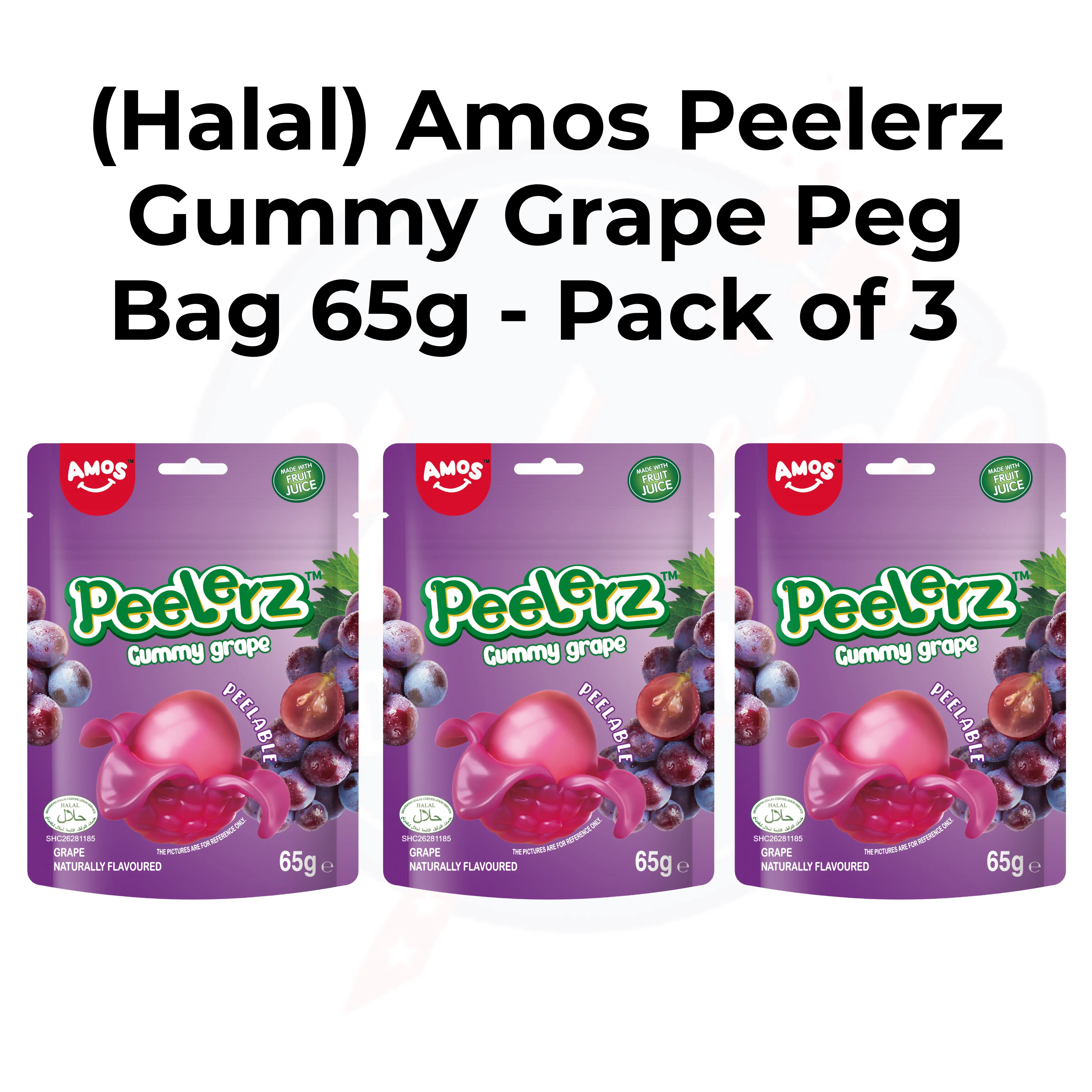 (Halal) Amos Peelerz Gummy Grape Peg Bag 65g Pack of 3