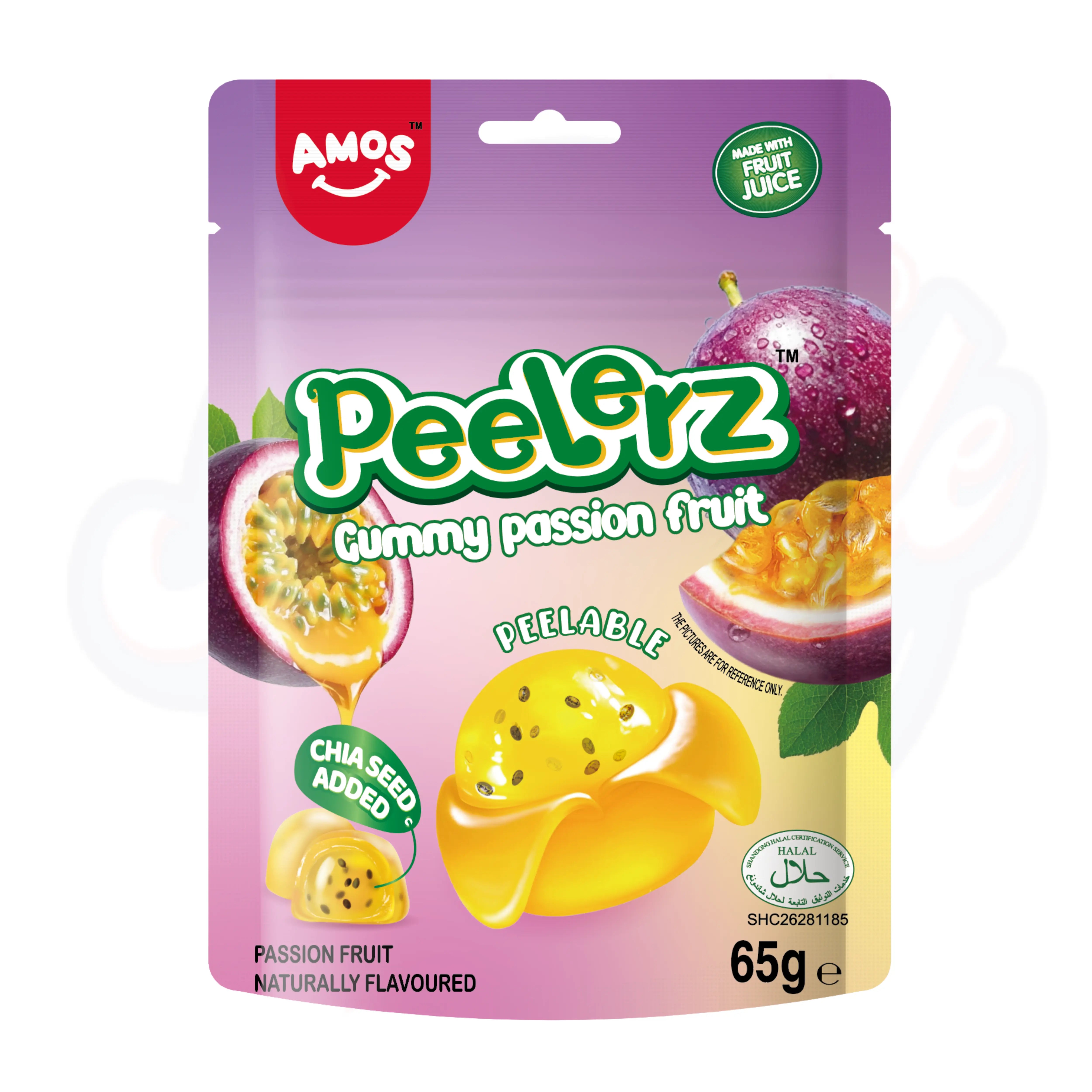 (Halal) Amos Peelerz Gummy Passion Fruit Peg Bag 65g Pack of 3