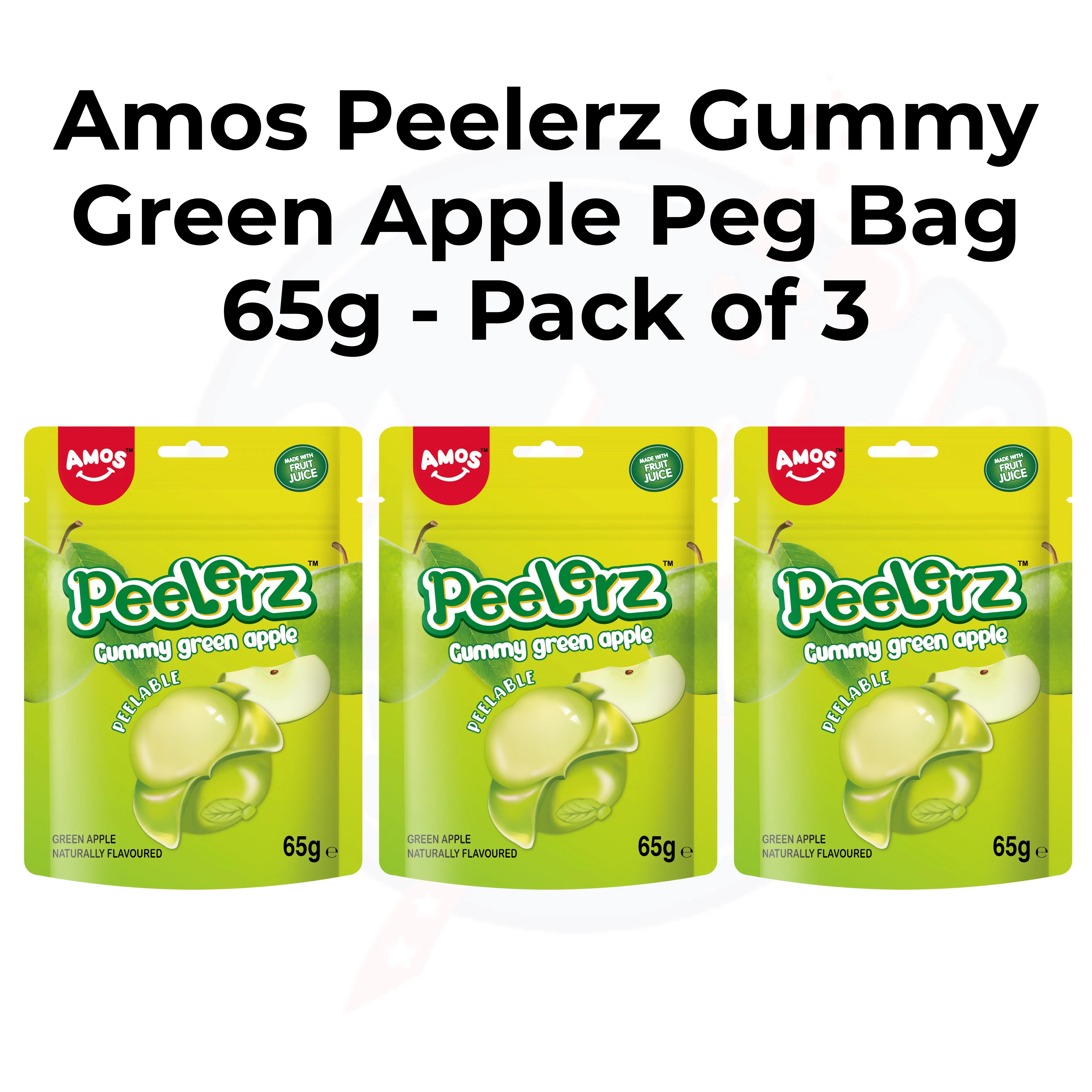 Amos Peelerz Gummy Green Apple Peg Bag 65g - Pack of 3