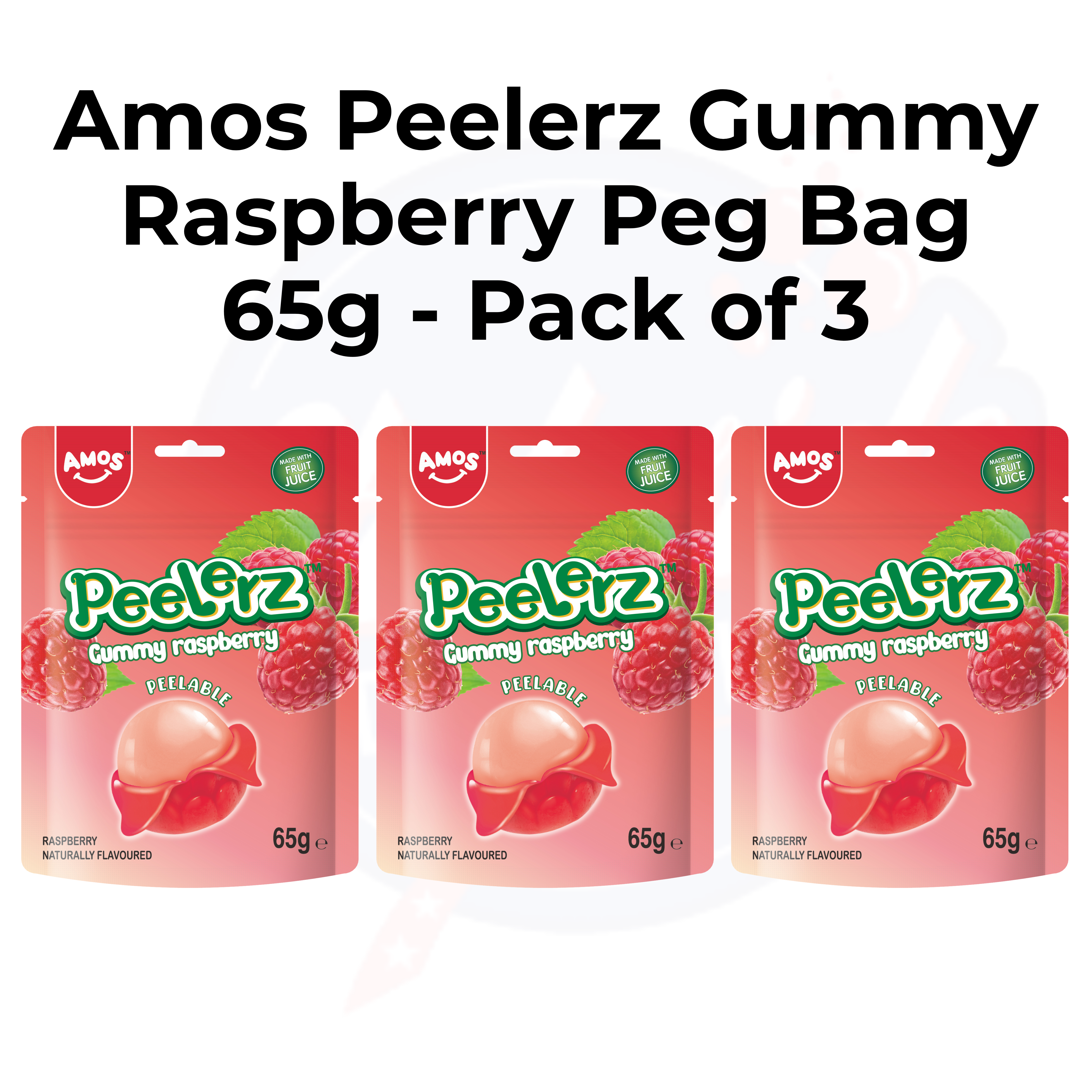 Amos Peelerz Gummy Raspberry Peg Bag 65g - Pack of 3