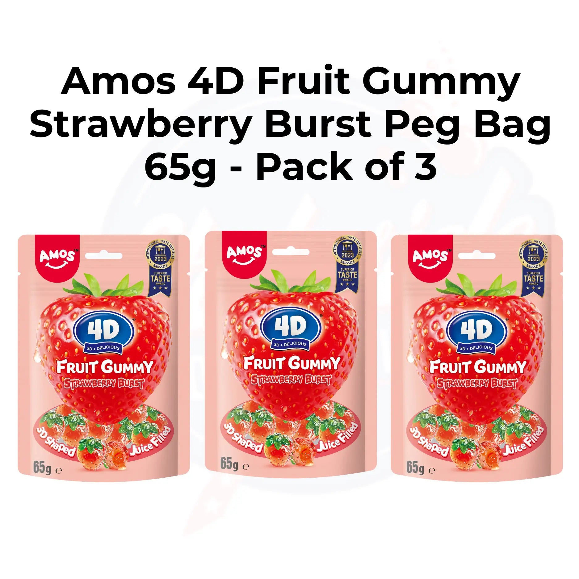 Amos 4D Fruit Gummy Strawberry Burst Peg Bag 65g - Pack of 3