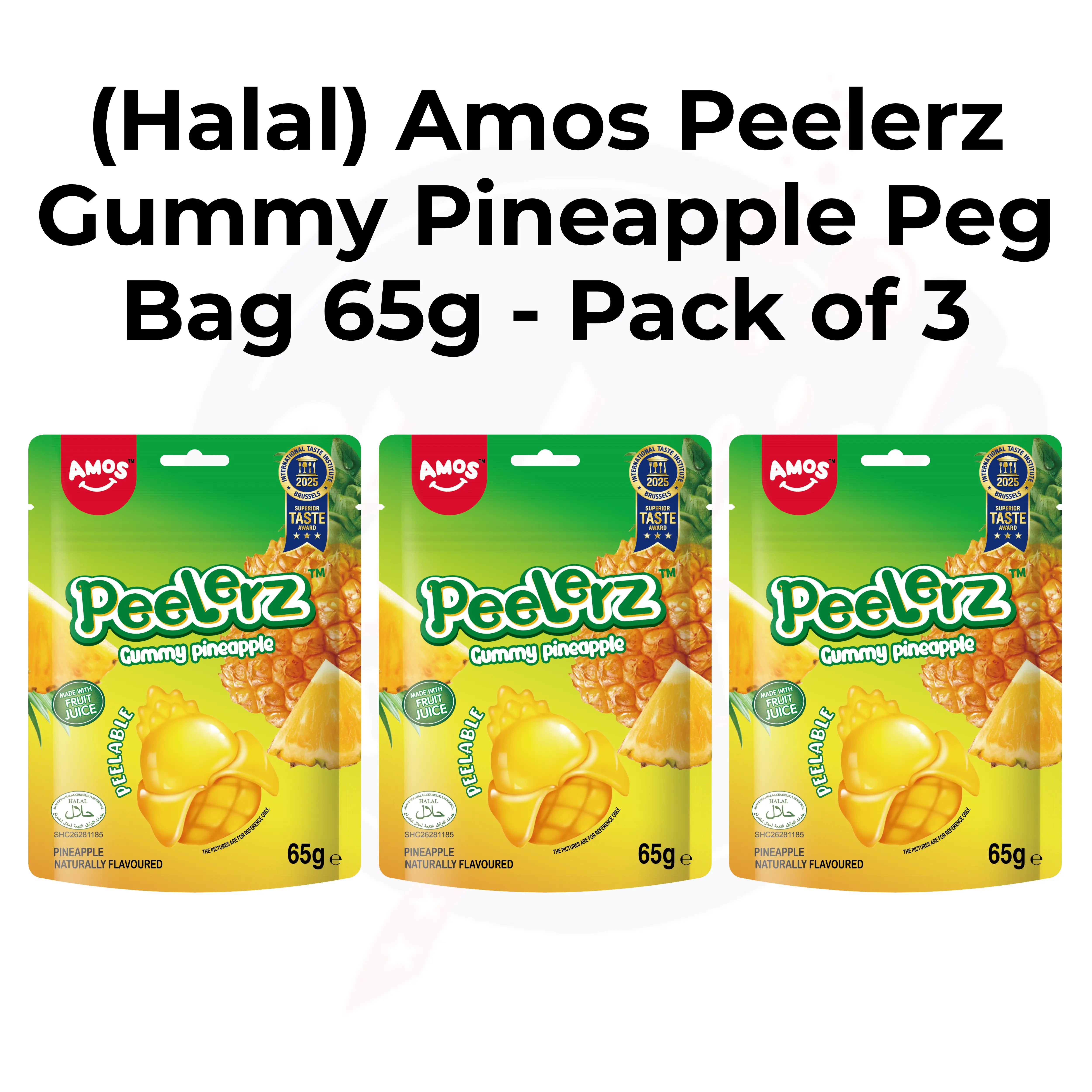 (Halal) Amos Peelerz Gummy Pineapple Peg Bag 65g Pack of 3