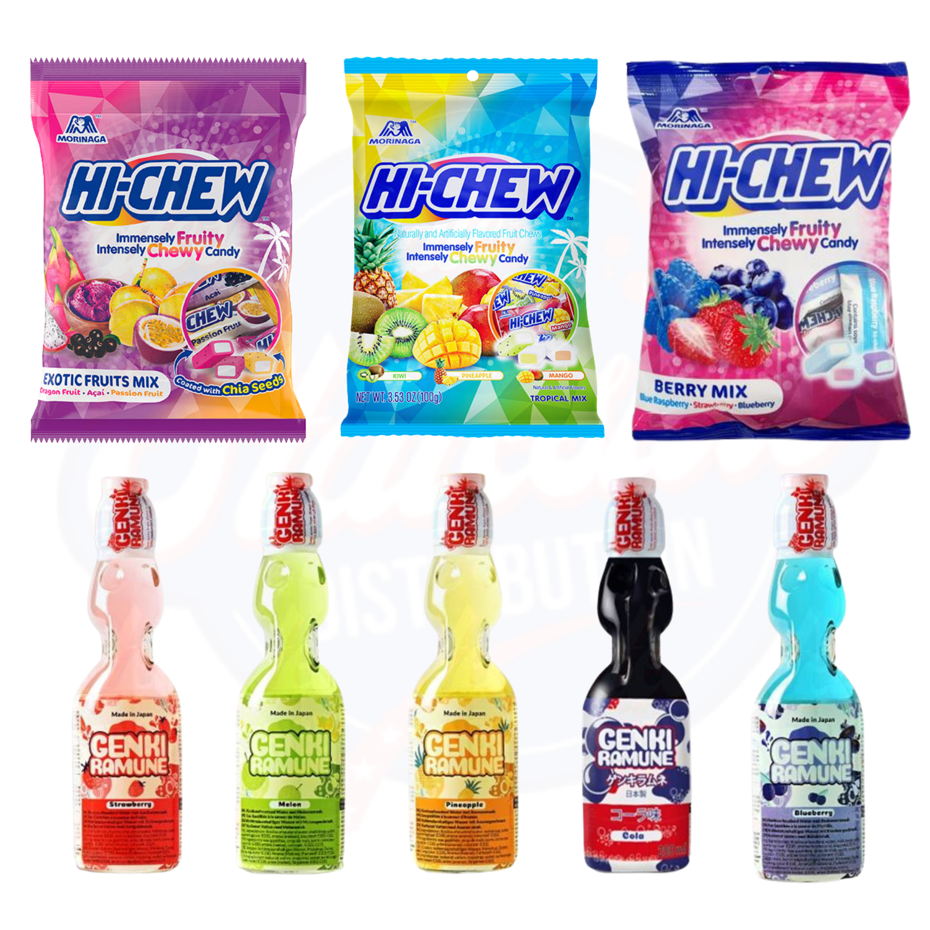 Japanese Hi-Chew Candy & Genki Drinks Bundle – 3 Bags (Tropical, Exotic, Berry Mix) & 5 Drinks (Melon, Strawberry, Pineapple, Cola, Blueberry)