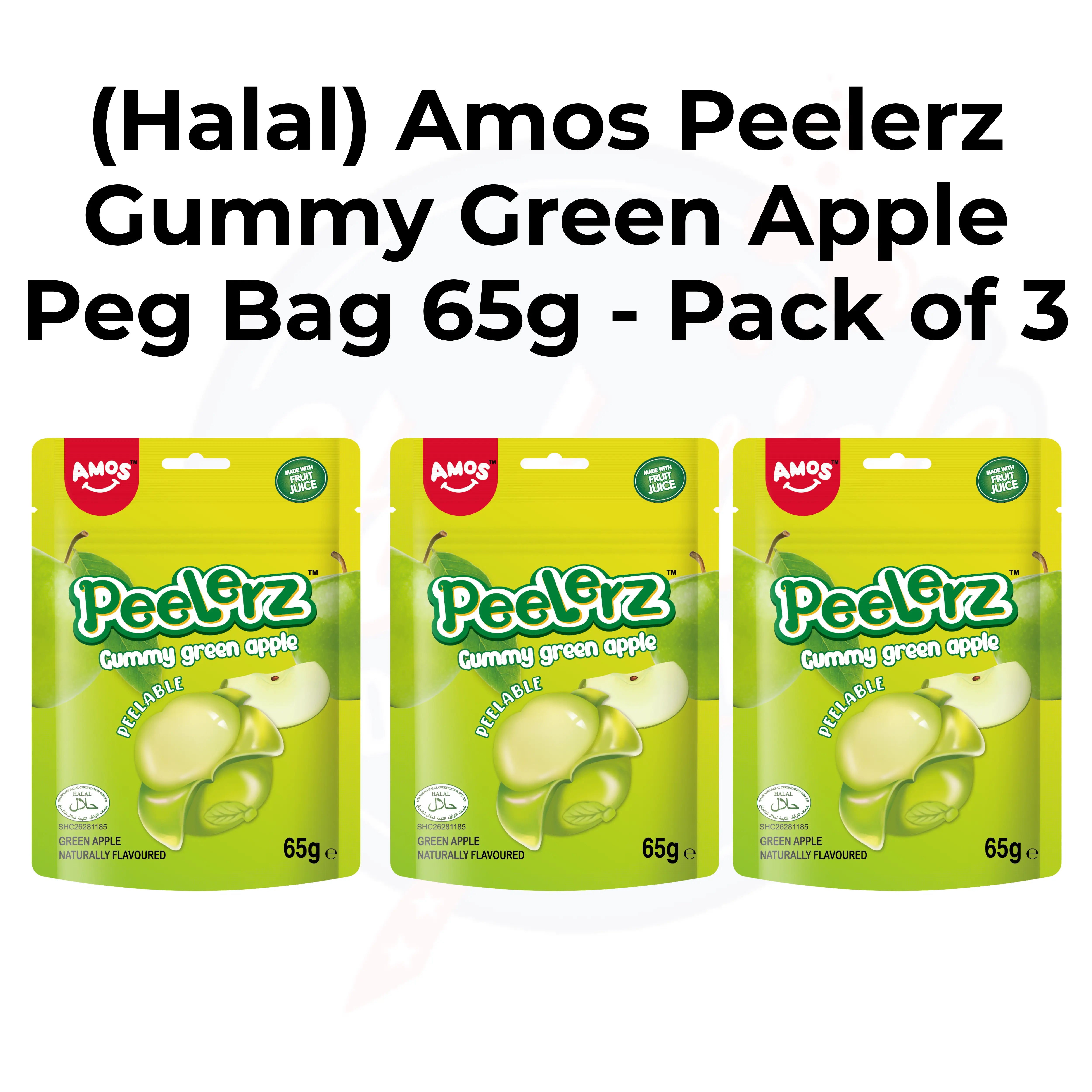 (Halal) Amos Peelerz Gummy Green Apple Peg Bag 65g Pack of 3