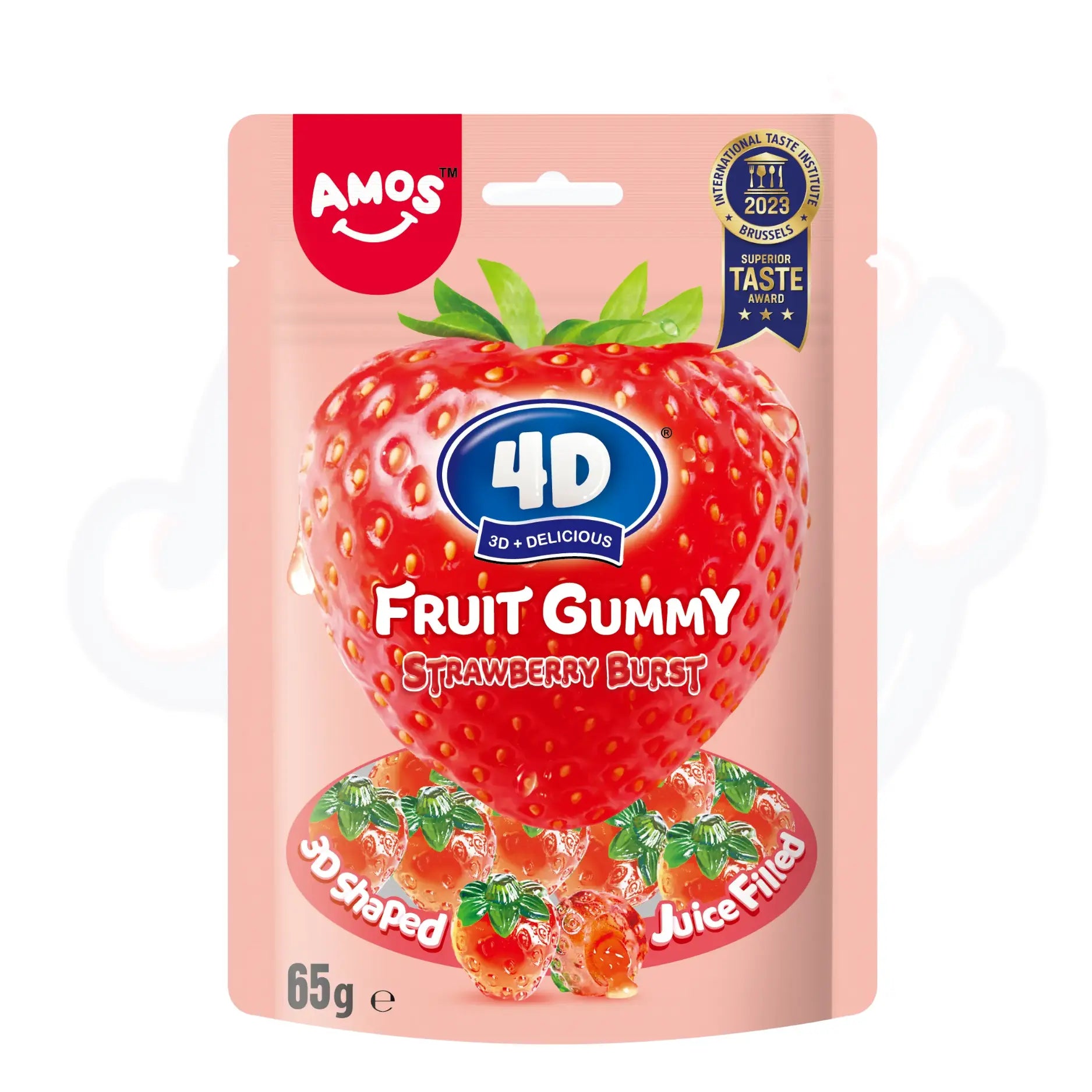 Amos 4D Fruit Gummy Strawberry Burst Peg Bag 65g - Pack of 3