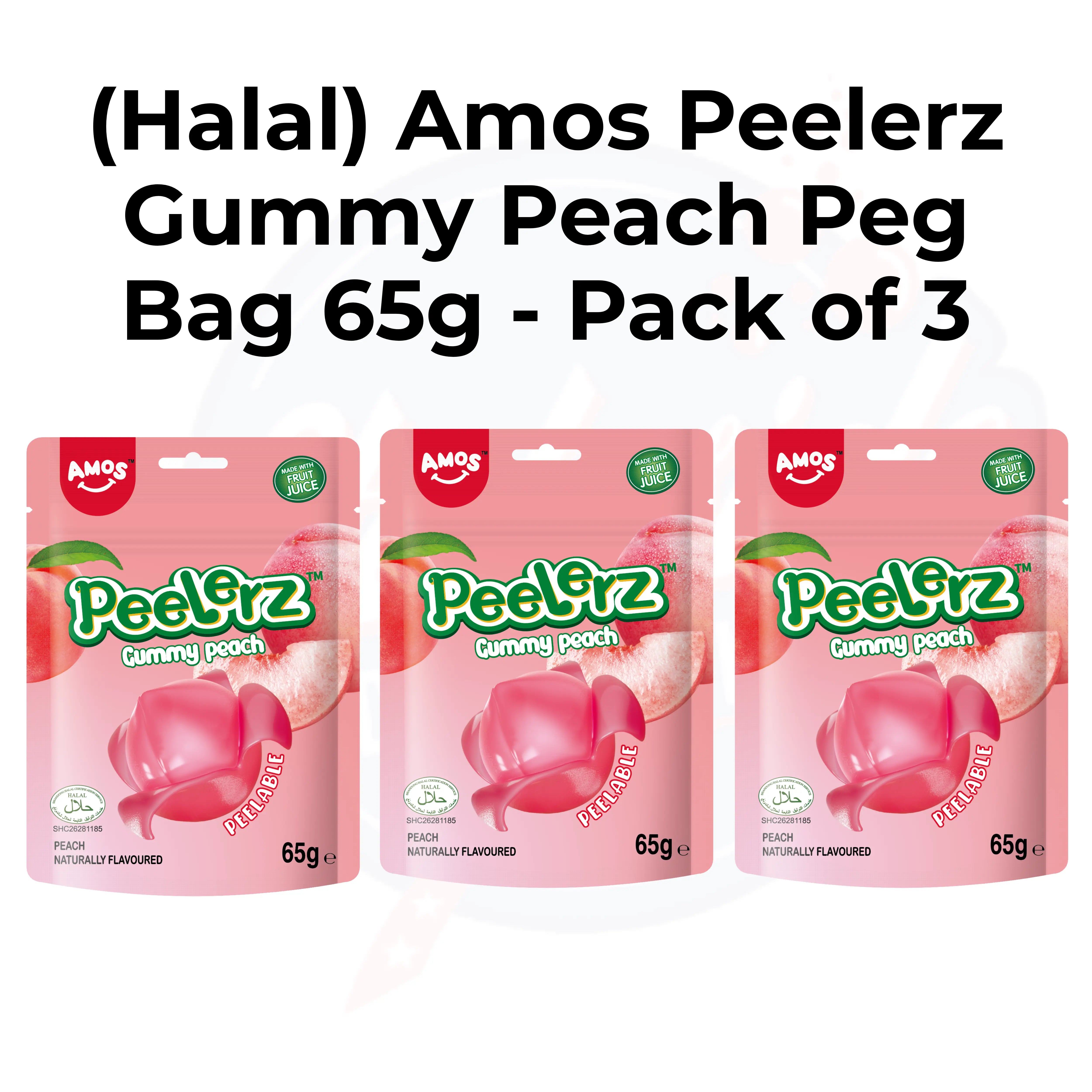 (Halal) Amos Peelerz Gummy Peach Peg Bag 65g Pack of 3