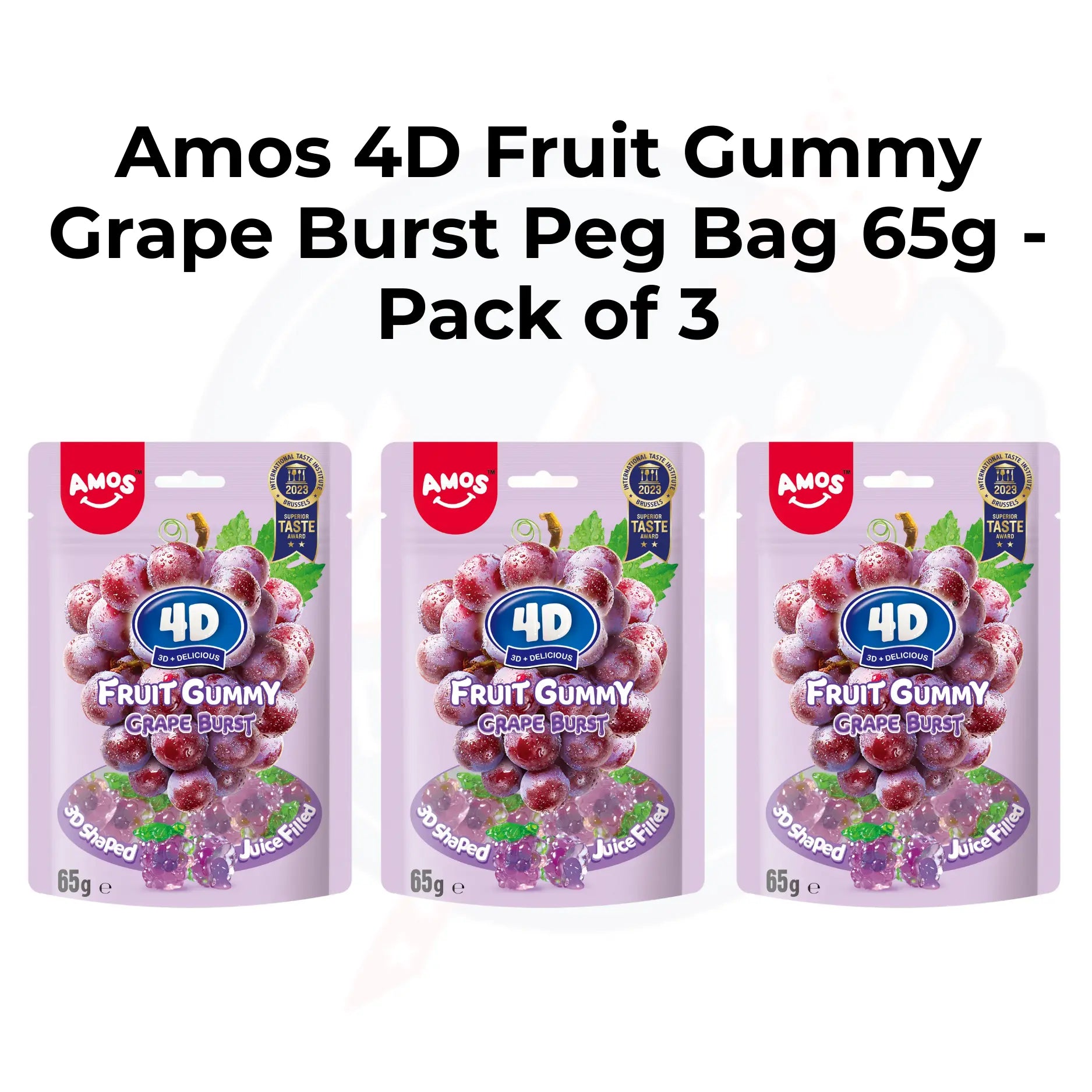 Amos 4D Fruit Gummy Grape Burst Peg Bag 65g - Pack of 3