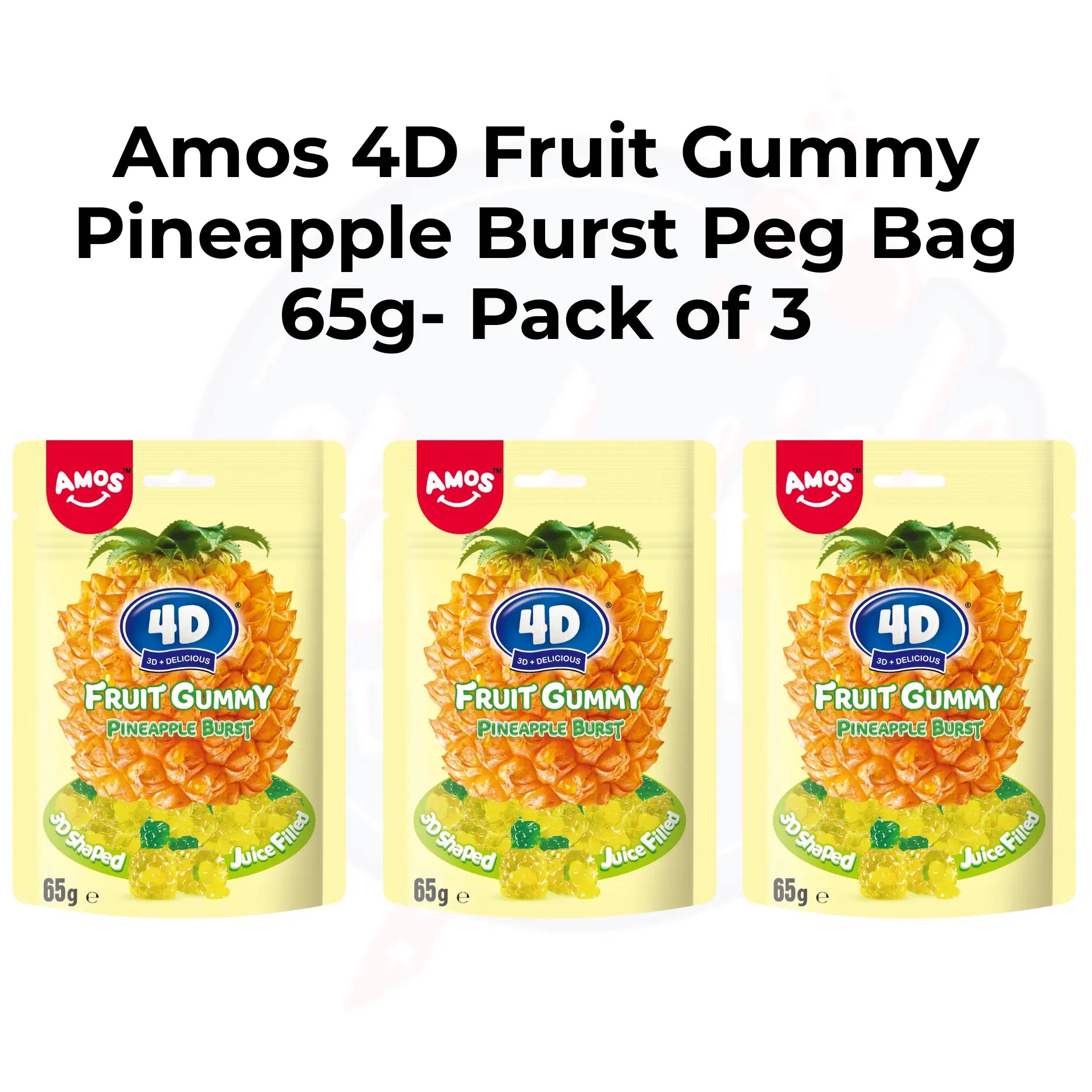 Amos 4D Fruit Gummy Pineapple Burst Peg Bag 65g - Pack of 3