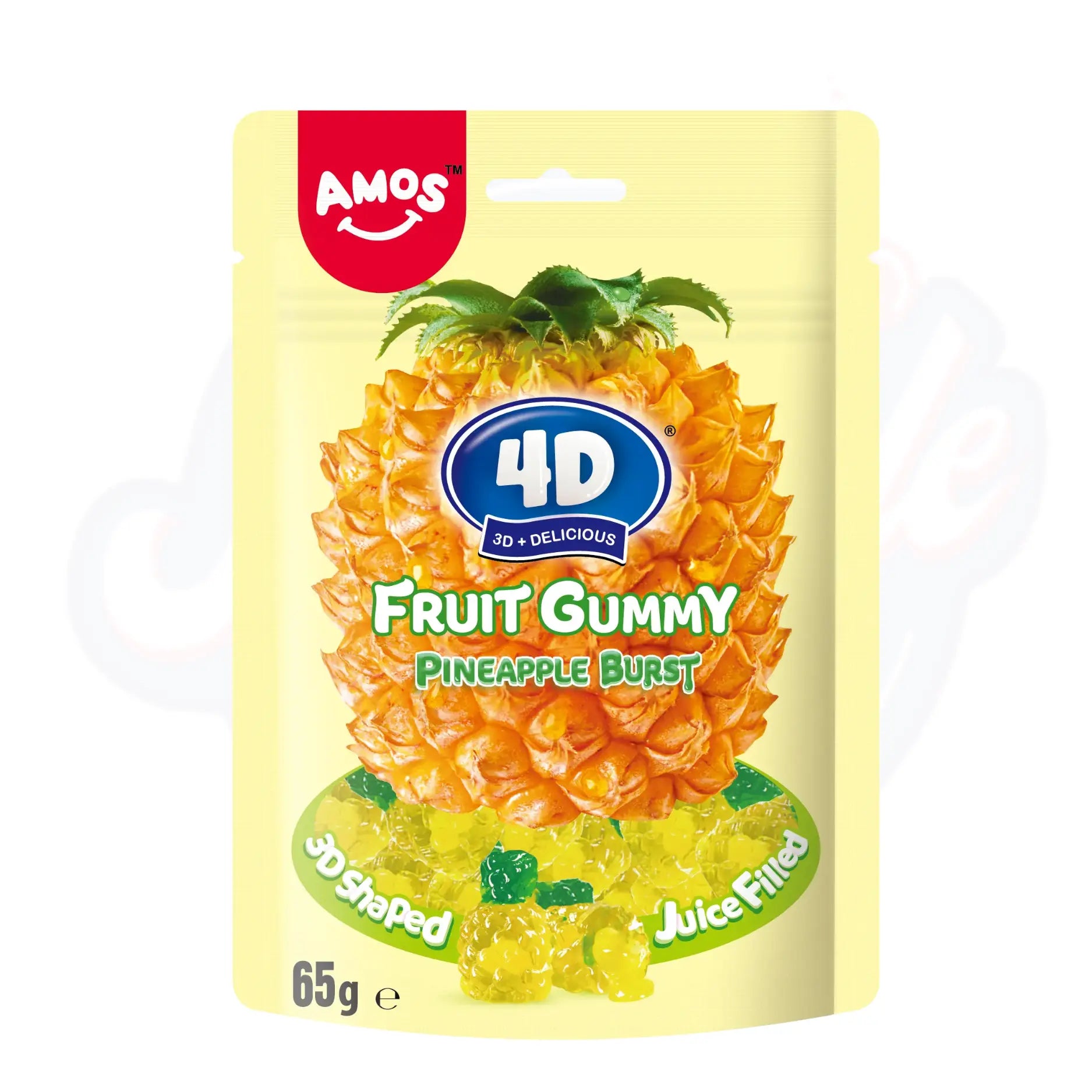 Amos 4D Fruit Gummy Pineapple Burst Peg Bag 65g - Pack of 3