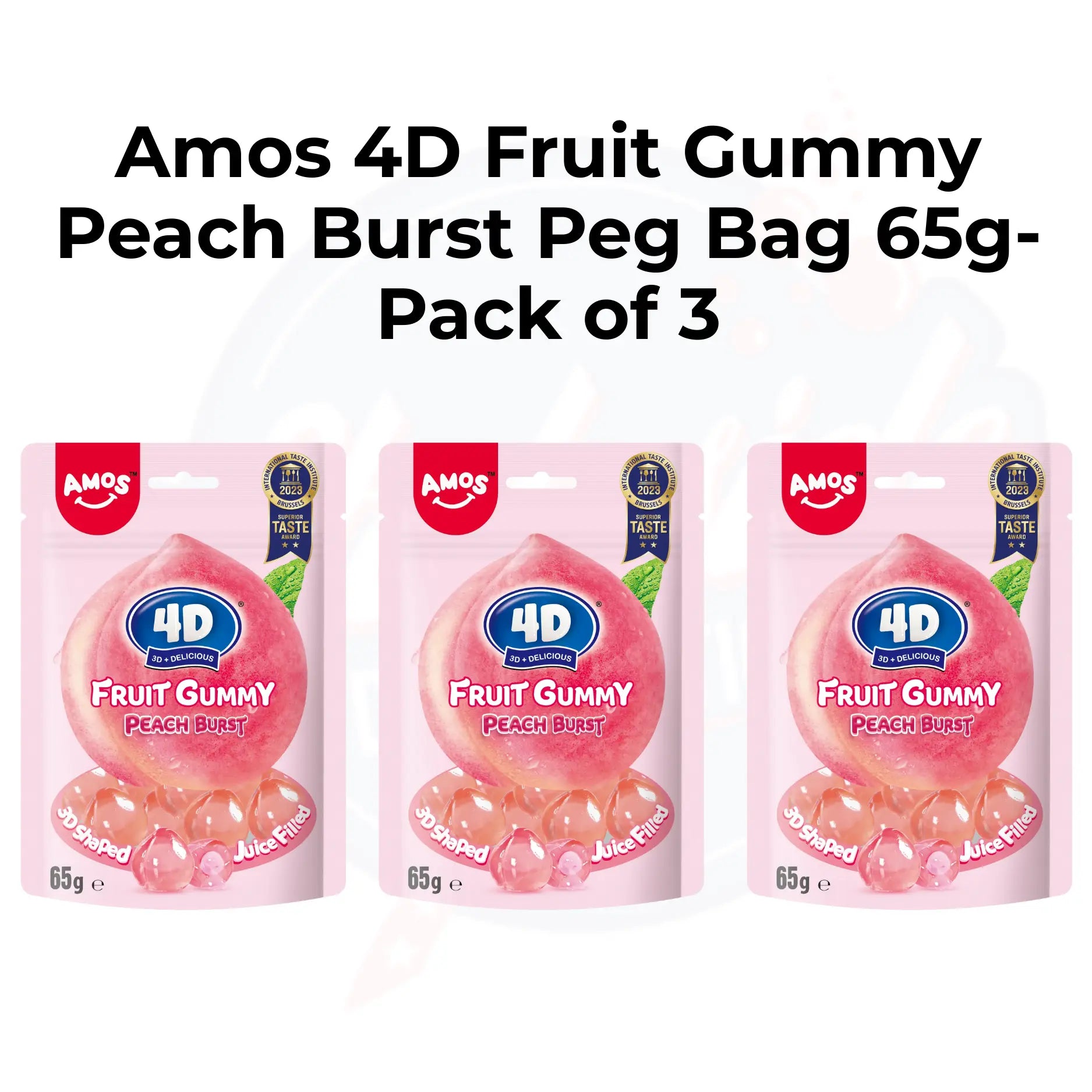 Amos 4D Fruit Gummy Peach Burst Peg Bag 65g - Pack of 3