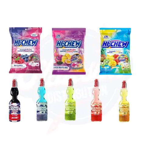 Japanese Hi-Chew Candy & Genki Drinks Bundle – 3 Bags (Tropical, Exotic, Berry Mix) & 5 Drinks (Melon, Strawberry, Pineapple, Cola, Blueberry)