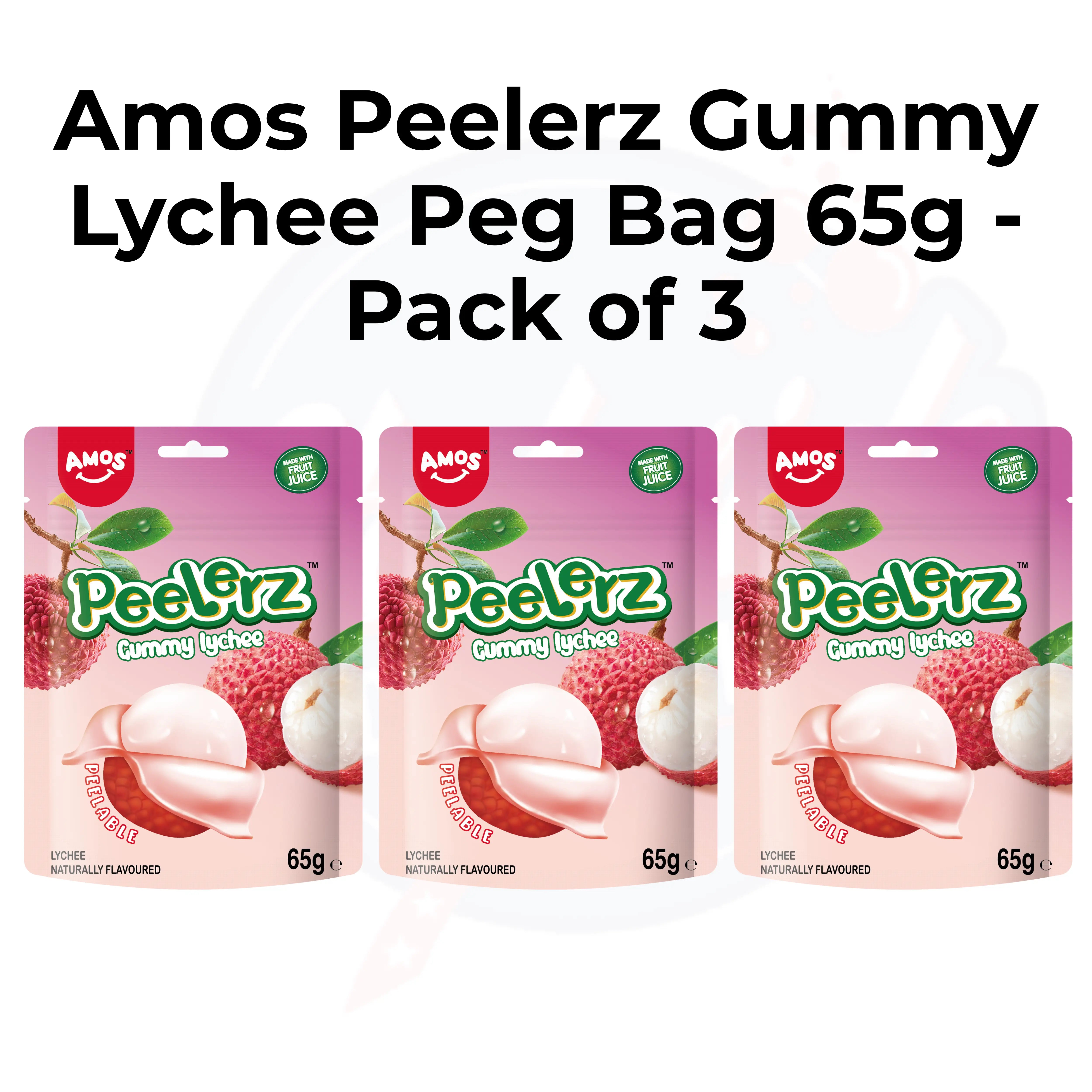 Amos Peelerz Gummy Lychee Peg Bag 65g - Pack of 3