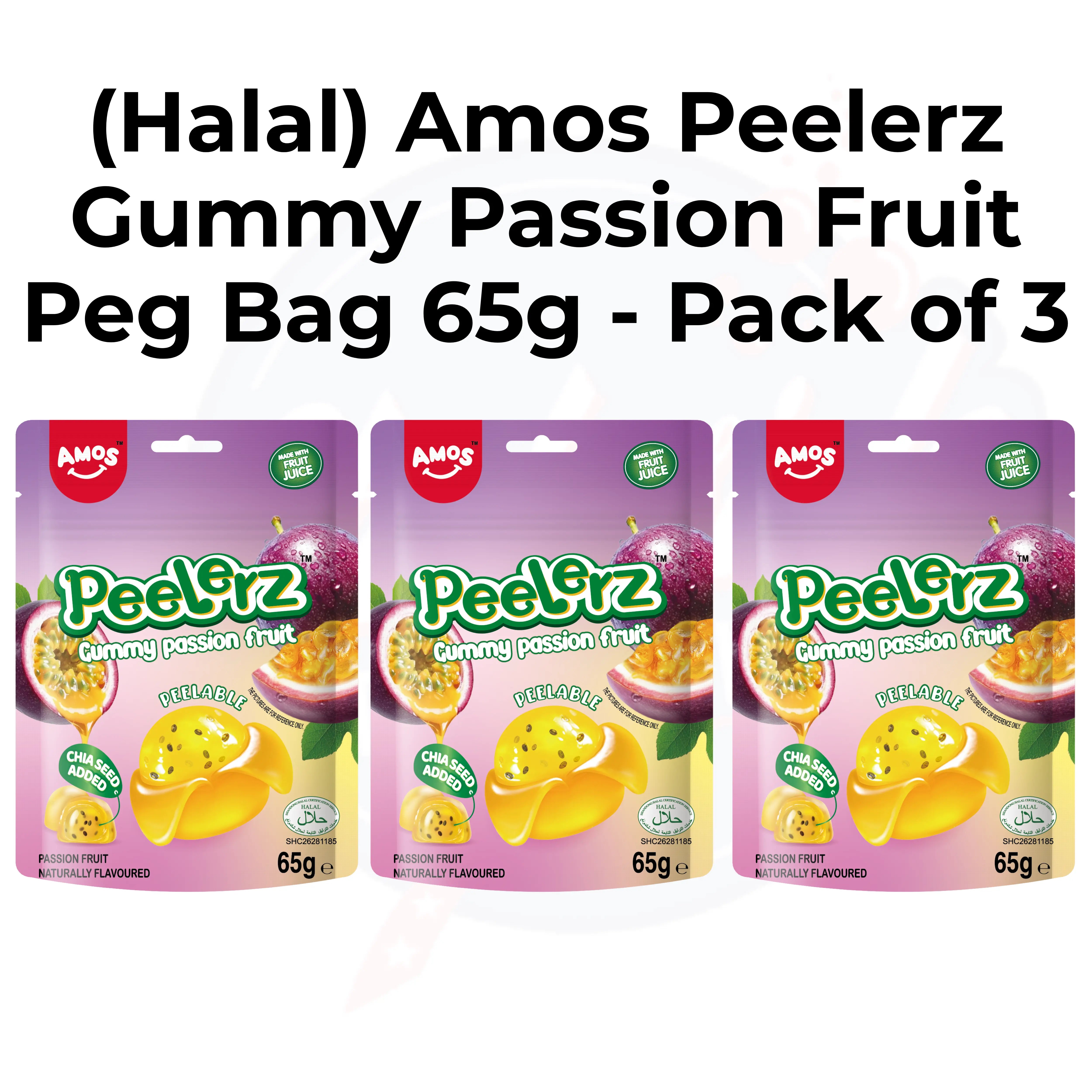 (Halal) Amos Peelerz Gummy Passion Fruit Peg Bag 65g Pack of 3