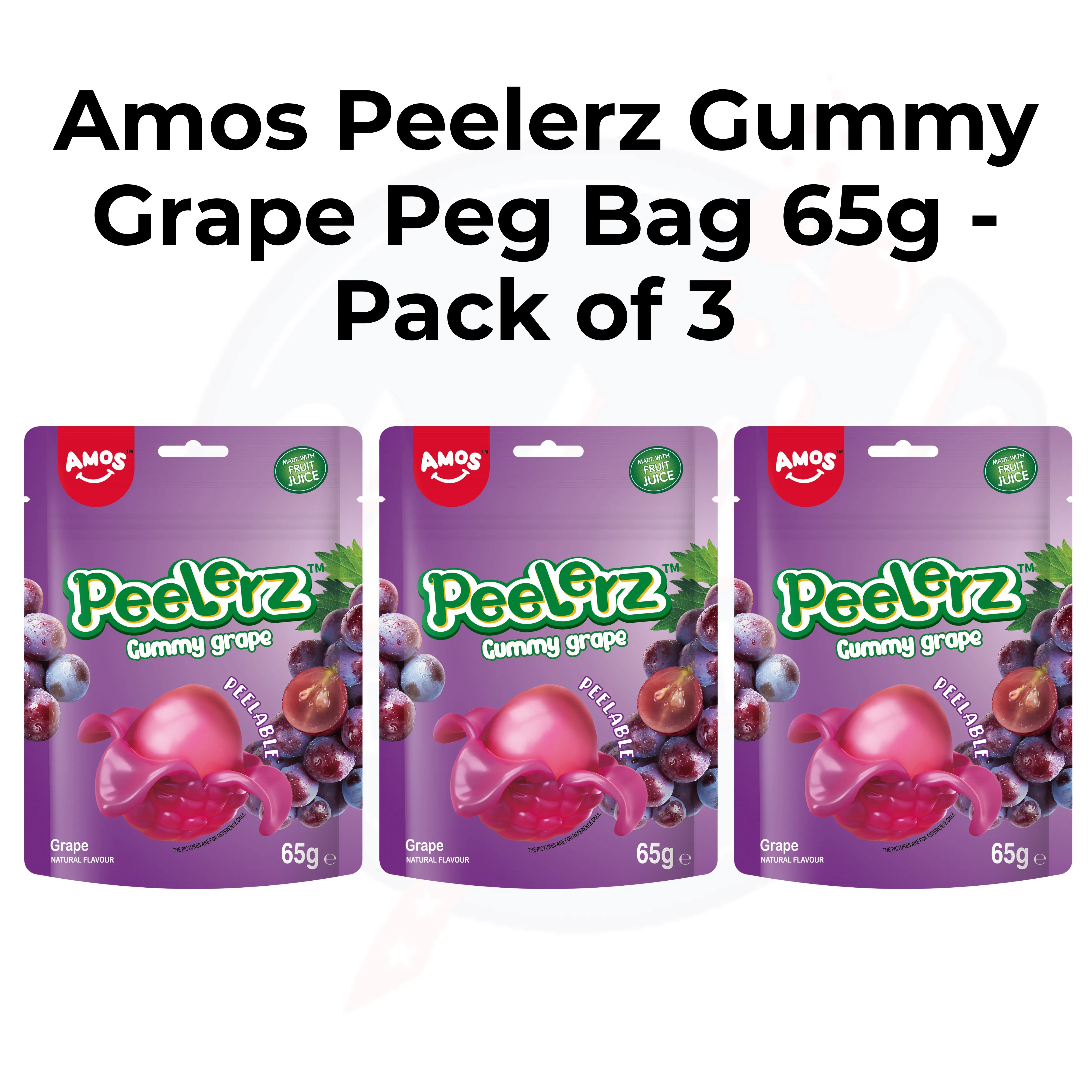 Amos Peelerz Gummy Grape Peg Bag 65g - Pack of 3