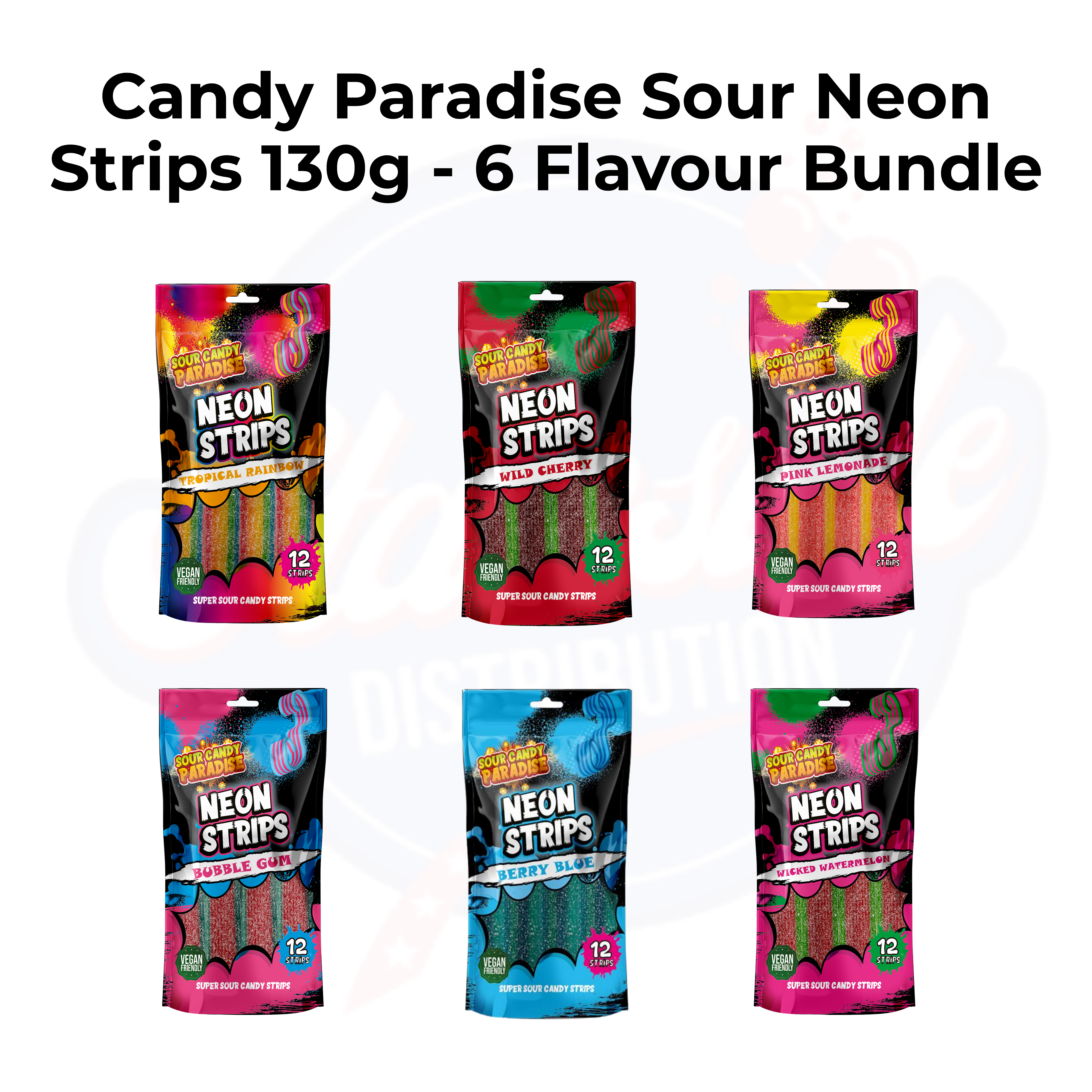 Candy Paradise Sour Neon Strips 130g - 6 Flavour Bundle
