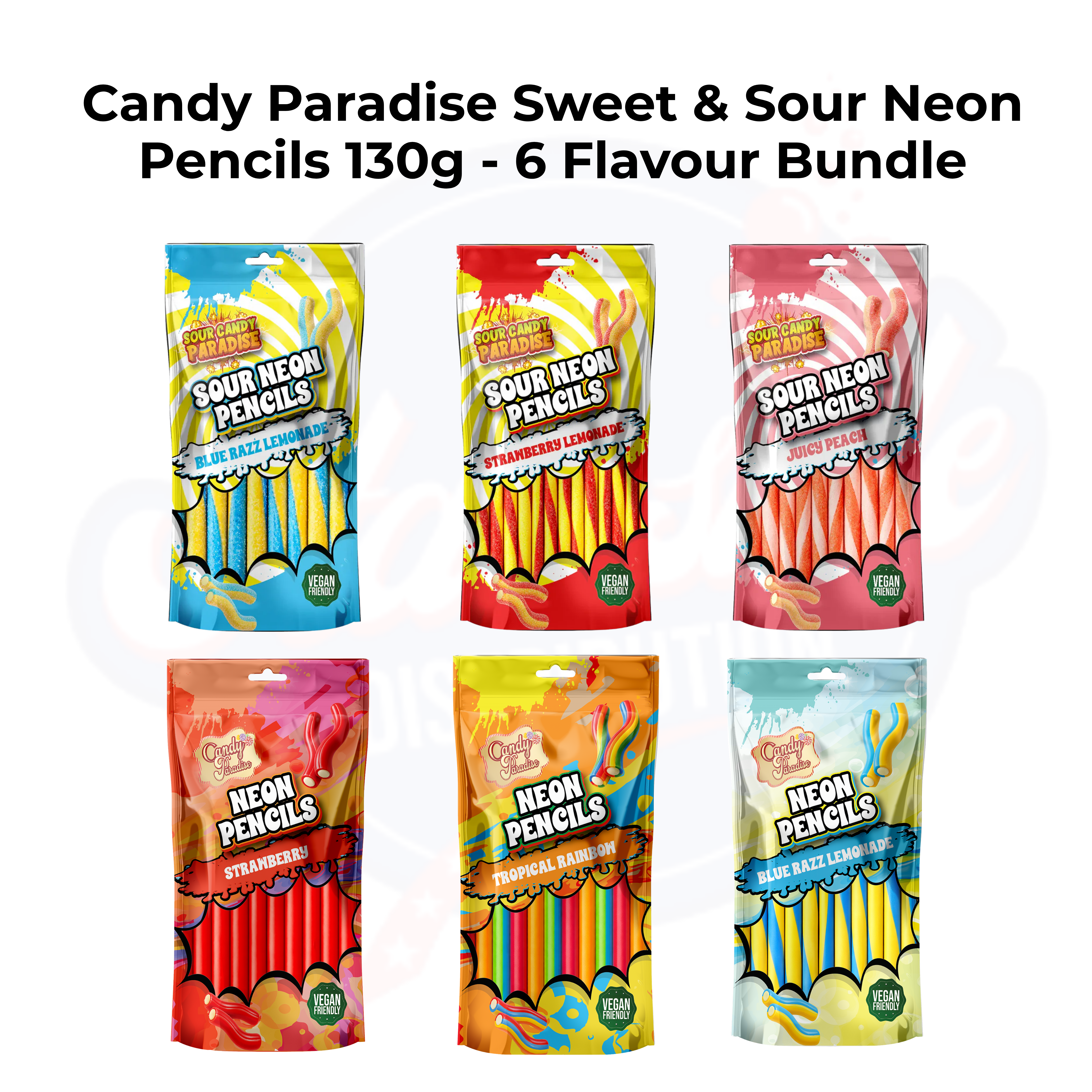 Candy Paradise Sweet & Sour Neon Pencils 130g - 6 Flavour Bundle
